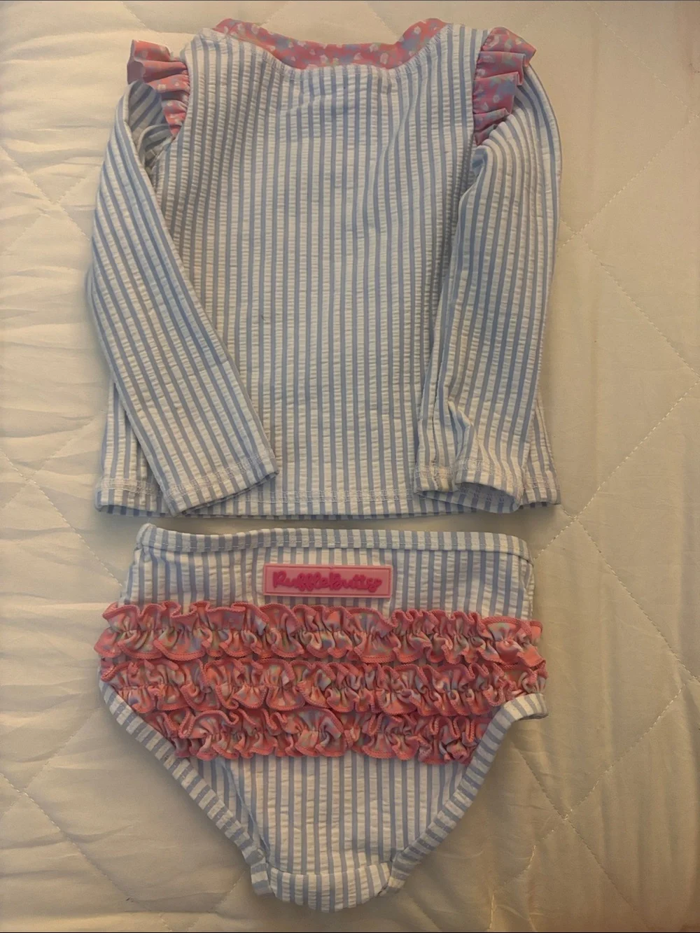 Ruffle Butts Blue Stripe Rash Guard with Pink Ruffle Diaper Cover